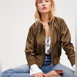 FREE PEOPLE Midnight Satin Bomber Jacket Sz M Olive Relaxed Casual Street Boho